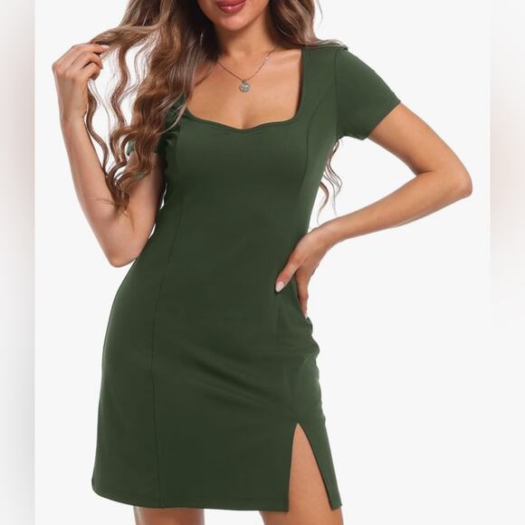 Olive Green Women's 2X Square Neck Bodice Dress Athletic Dress Casual A Line - Picture 1 of 10